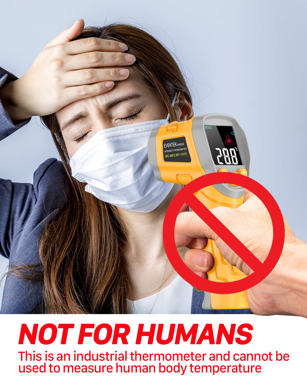 Eventek Digital Infrared Thermometer, -58℉～1112℉(-50℃～600℃) Non-Contact Laser Temperature Gun with Color Display & Adjustable Emissivity for Cooking/BBQ/Food/Fridge/Pizza Oven/Engine (Not for Human)