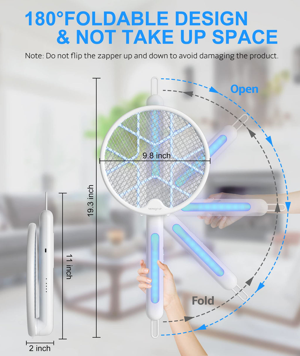 MOSQZAP Electric Fly Swatter 2 Pack, Foldable Bug Zapper Racket USB Rechargeable Fly Zapper Mosquito Zapper Racket w/Hands-Free & Handhold Modes, Outdoor/Indoor Killer for Flies, 3,500 Volt