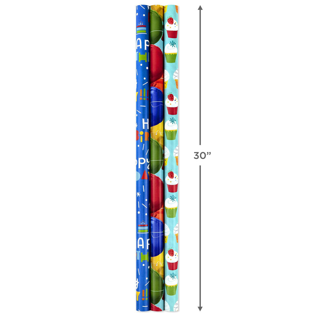 Hallmark Birthday Wrapping Paper Rolls - Balloons, Stars, Cupcakes, Blue Stripes, Solid Red Gift Wrap Paper (Set of 3 Reversible Rolls: 75 sq. ft. ttl.)