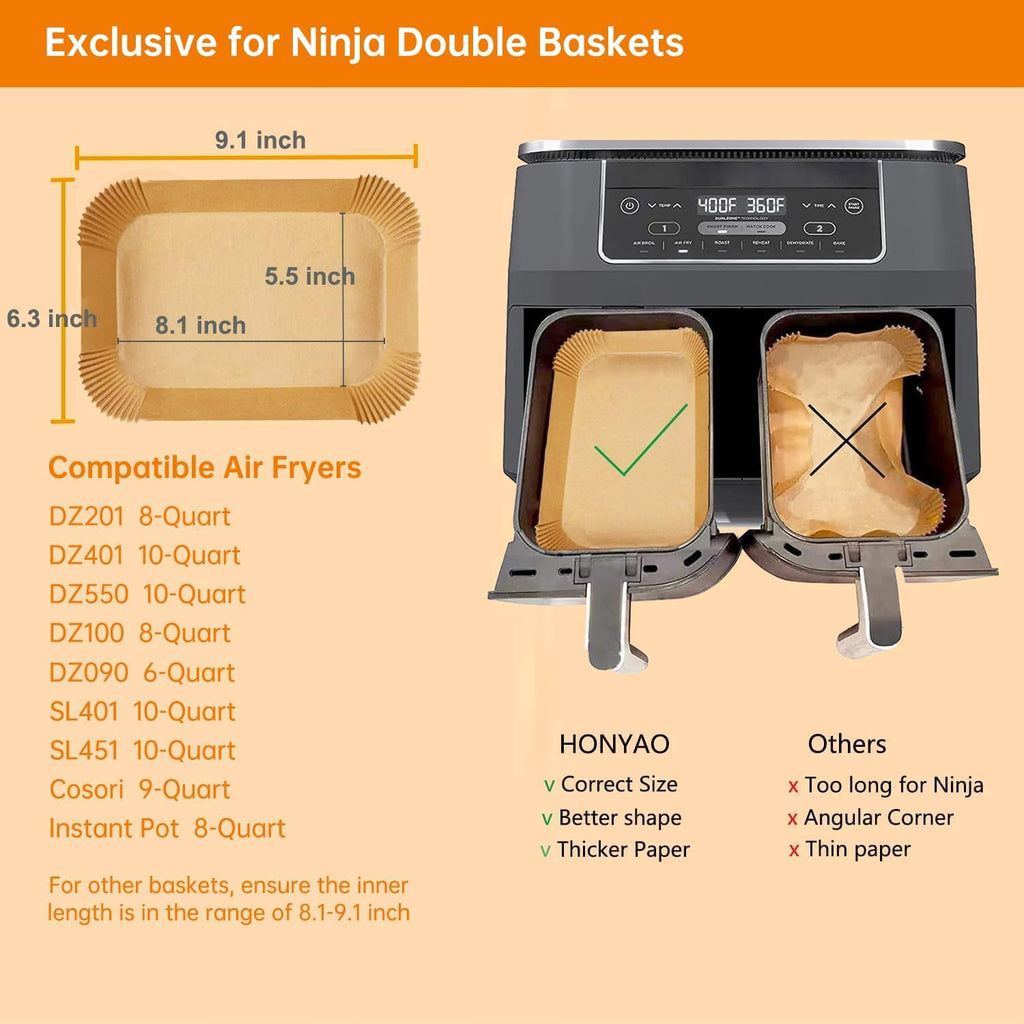 HONYAO Air Fryer Paper Liners for Dual Zone Airfryer, 200pcs 8.1x5.5 inch Rectangle Disposable Inserts for Ninja Foodi DZ201 DZ401 DZ550 other 8-10 qt 2-Basket Air Fryers, Food Grade BPA Free