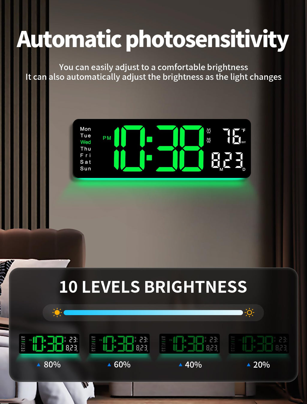MASHI Digital Wall Clock, 17.3" Large Display Digital Clock with Remote Control, Auto-Dimming Wall Clock with Night Light, DST, Date Week,Temp for Living Room, Bedroom, Decor, Gift for Elderly