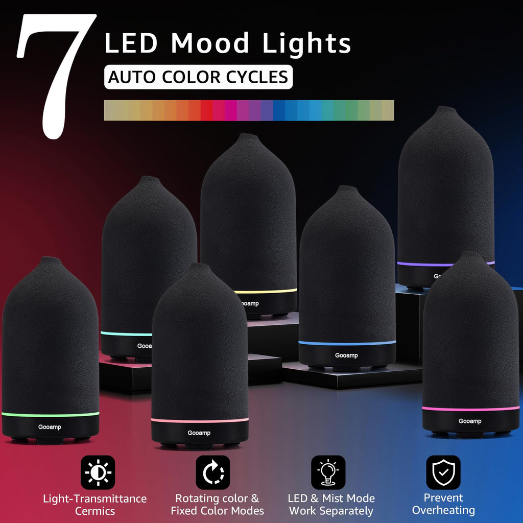 Gooamp 200ML Ceramic Diffuser,Aromatherapy Diffuser,Essential Oil Diffuser with 7 Color Lights Auto Shut Off for Home Office Room, Black (1/3/6/ON hrs Working time)