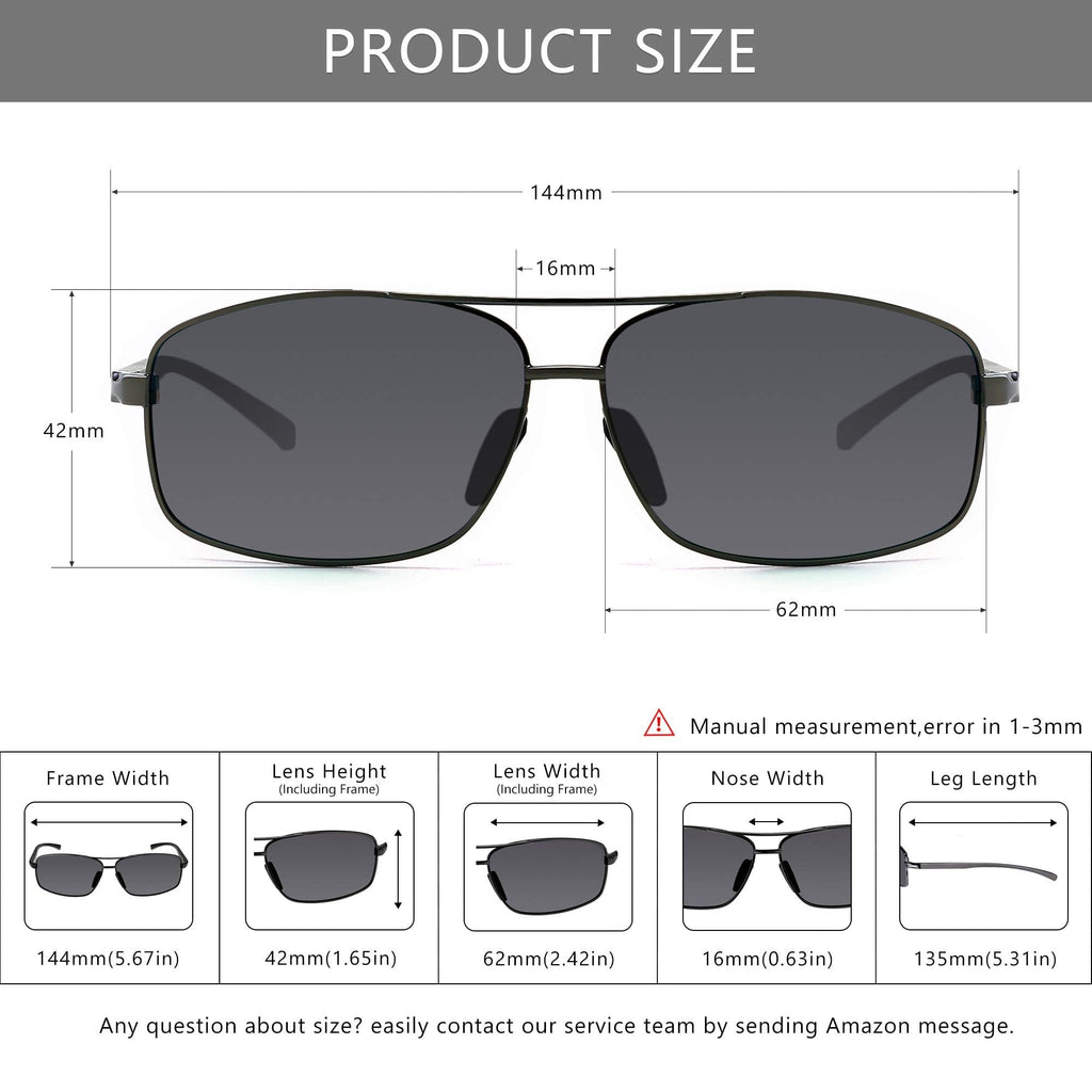 Ultra Lightweight Rectangular Polarized Sunglasses Men UV400 Protection (Gunmetal Frame Gray Lens, 62) Metal Frame SGT458 QKH-CA