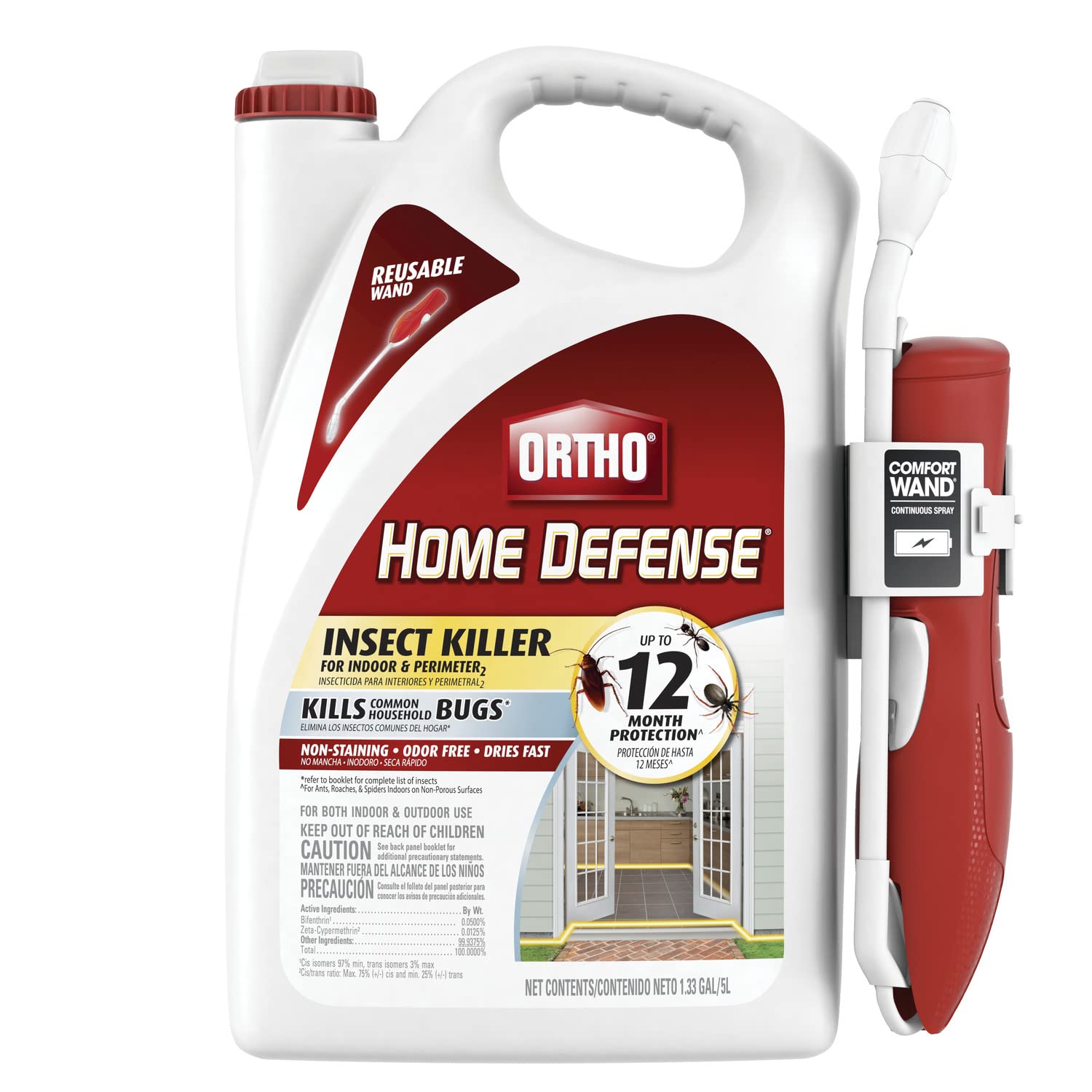 Ortho Home Defense Insect Killer for Indoor and Perimeter2 with Comfort Wand - Ready-To-Use Bug Spray, Kills Ants, Cockroaches & Spiders, 1.33 gal.