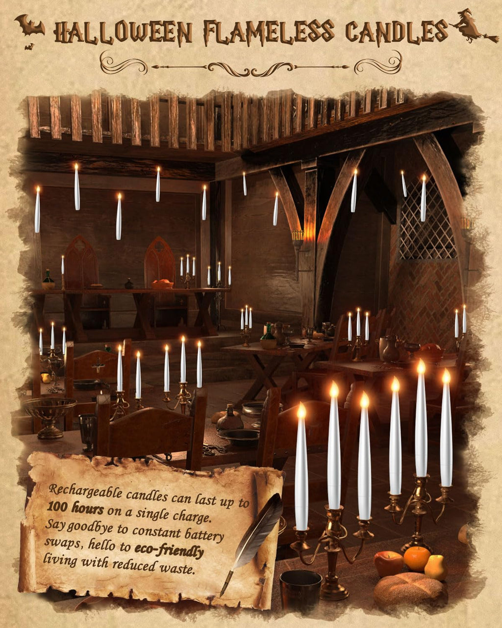 Floating Candles with Wand Remote 18PCS - Halloween Decorations Magic Hanging Candles Flickering Flameless Taper Candles with Glasses, Tie, Scarf, Battery Operated Candles for Party Christmas Decor