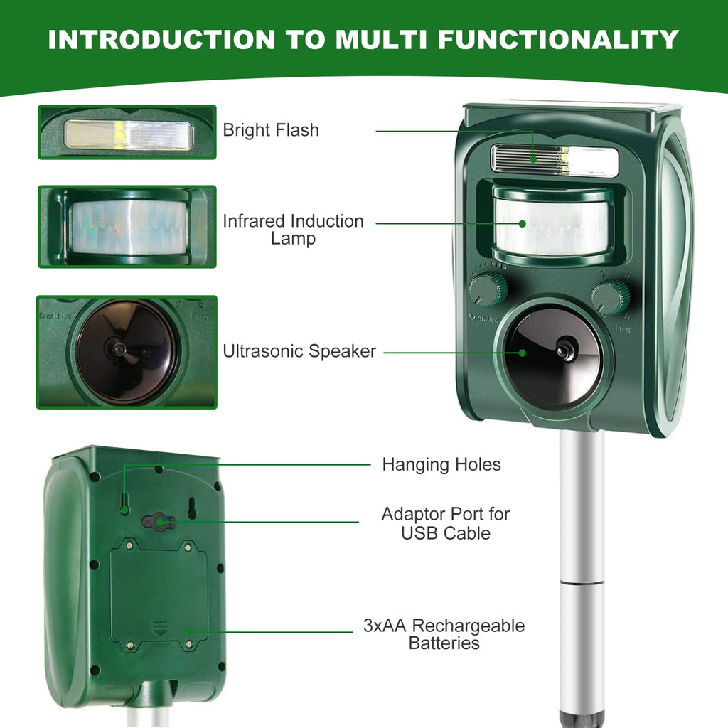 Ultrasonic Animal Repellent, Outdoor Solar Powered Squirrels Deterrent with Motion Sensor,Sound and LED Flashing,Waterproof Deer Repeller,Animal Repellent for Cat Dog Bird Skunk Rabbit Wild Pigs