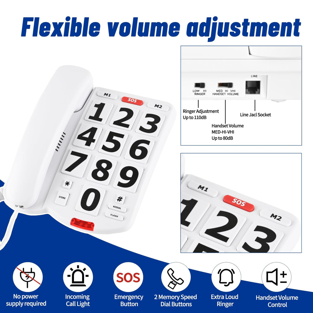 Large Button Phones for Seniors, Land Line Phones for Elderly - Big Button Home Telephone for the Visually Impaired, 110dB+ Amplified Ringer & 90dB+ Handset Volume for the Hearing Impaired House Phone
