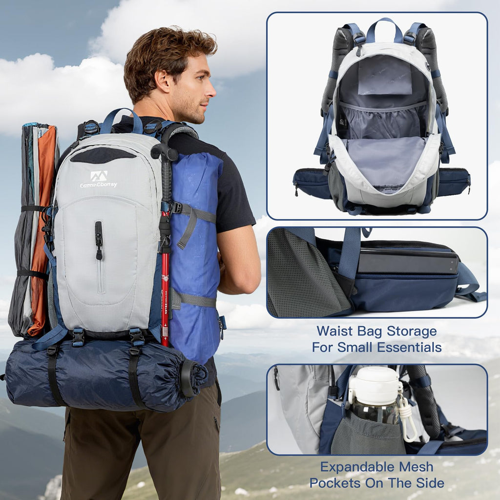 Hiking Backpack, 40L Waterproof Camping Backpack with Packable Back Panel & Rain Cover, Men Women Rucking Backpacking Backpack Outdoor Sport Lightweight Travel Daypack for (Grey)