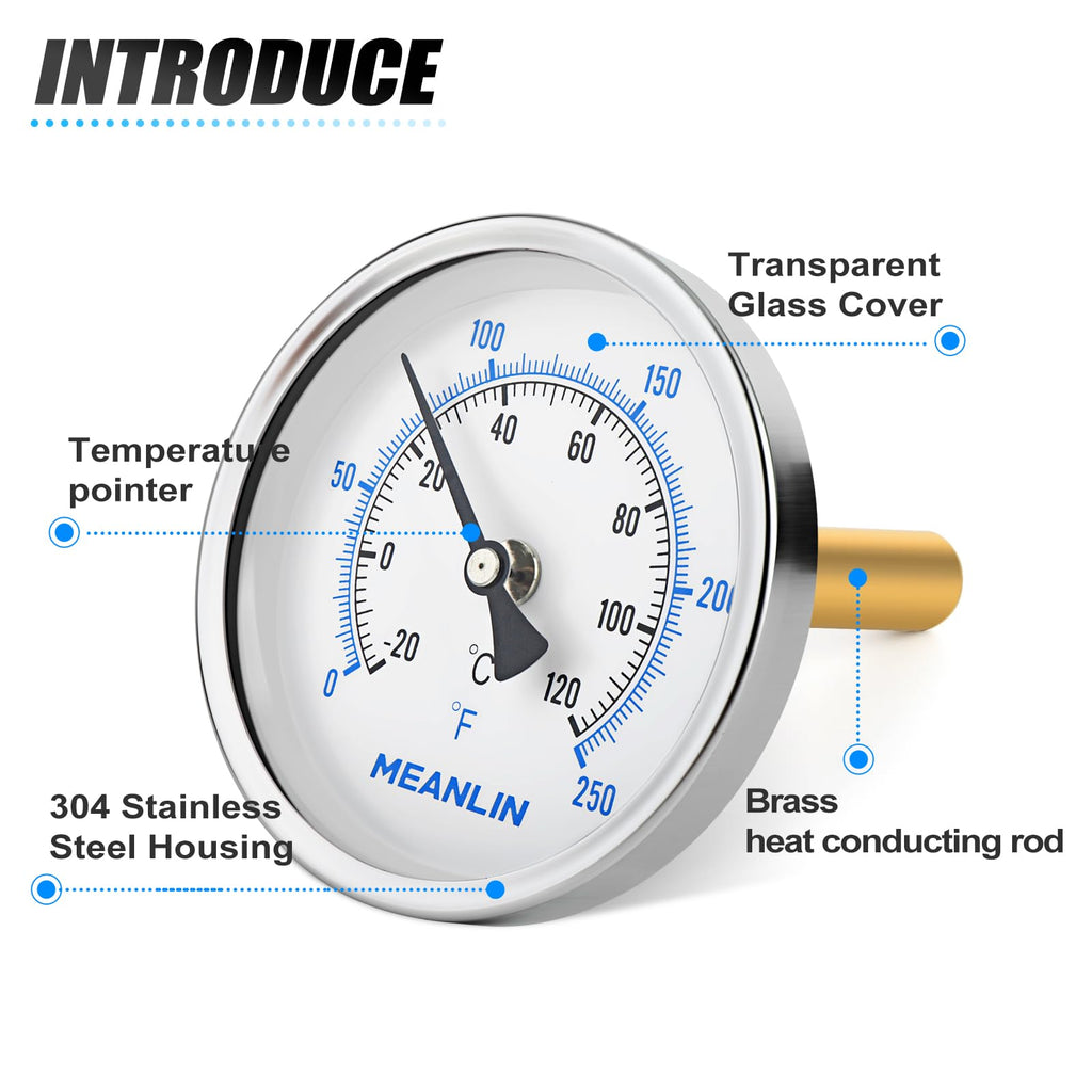 MEANLIN MEASURE 1/2" NPT Bimetal Thermometer for Hot Water, Boilers and Pipes, 3" Dial, 6" Lead-Free Brass Stem, Temperature Range 0-250°F/-20-120°C, Accuracy 2%, Center Back Mount
