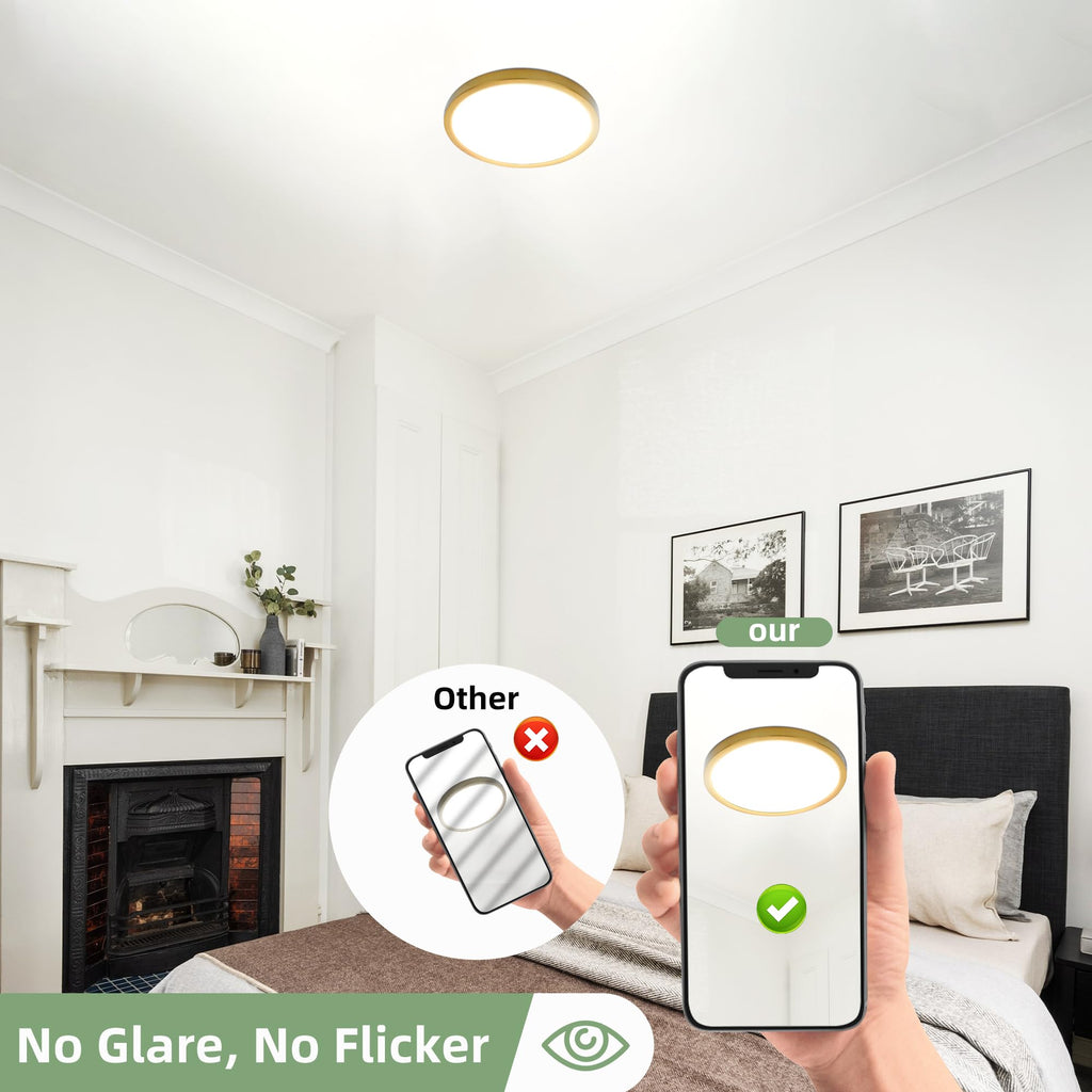 hykolity 12 Inch Selectable CCT LED Round Flat Panel Light, 24W 3000K/4000K/5000K, Edge-Lit Flush Mount Ceiling Light Fixture for Kitchen, Bedroom, Laundry and Closet Room，Gold