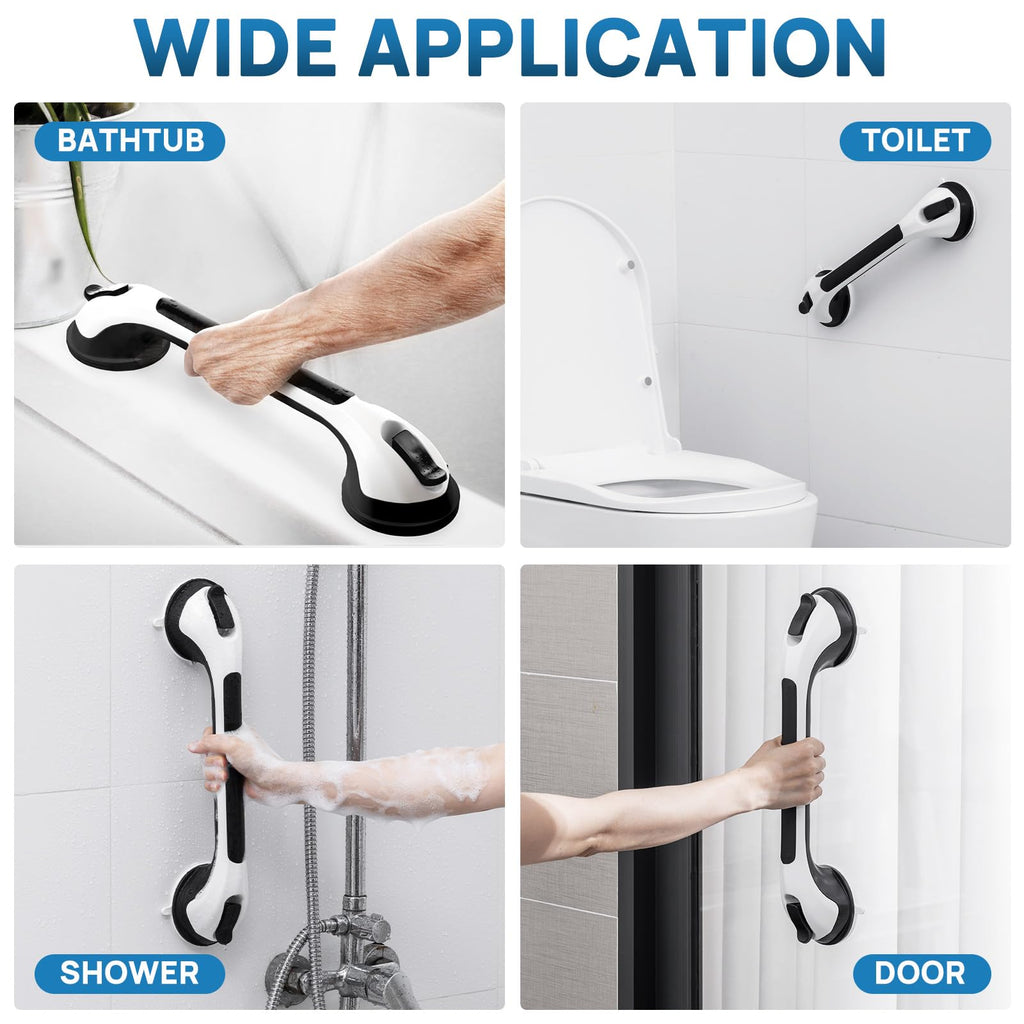 LEVERLOC 2 Pack Shower Grab Bars for Bathtubs and Showers, Easy to Install Suction Shower Handles for Bathroom Removable Handrails for Seniors Elderly Safety Grip Waterproof Drill Free Black
