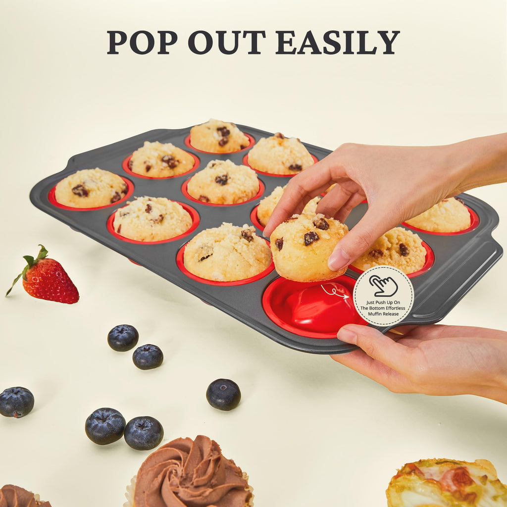 BRONYPRO Silicone Muffin Pans for Baking with Metal Frame, Egg Bite Molds, Cupcake Pans 12 Regular Size, Muffin Tins Easy to Pop Nonstick Non Toxic Bakeware for Oven, Red