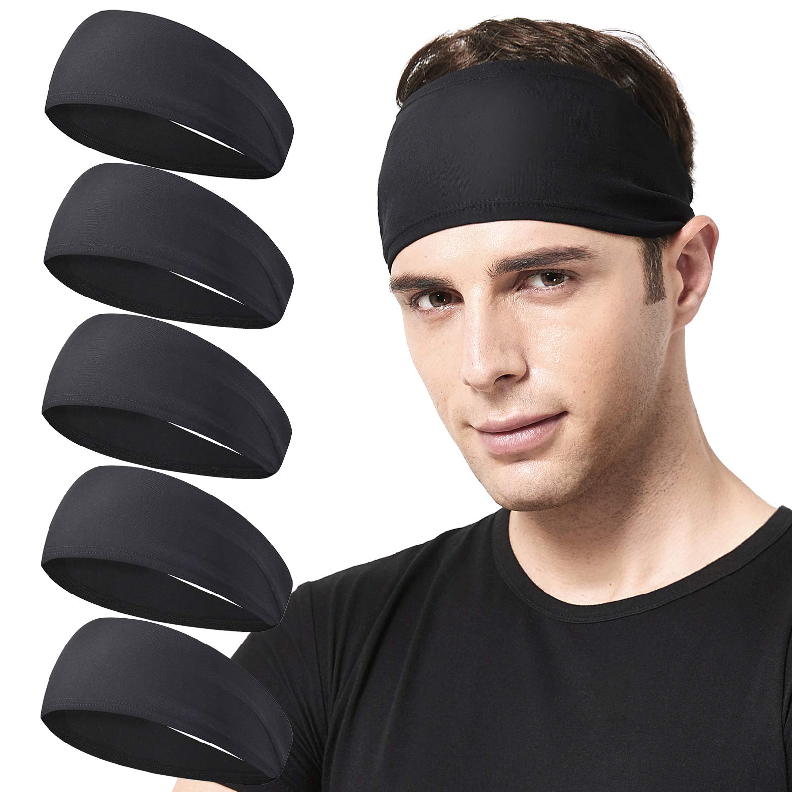 Mens Running Headband,5Pack,Mens Sweatband Sports Headband for Running,Cycling,Basketball,Yoga,Fitness Workout Stretchy Unisex Hairband (5 Black)