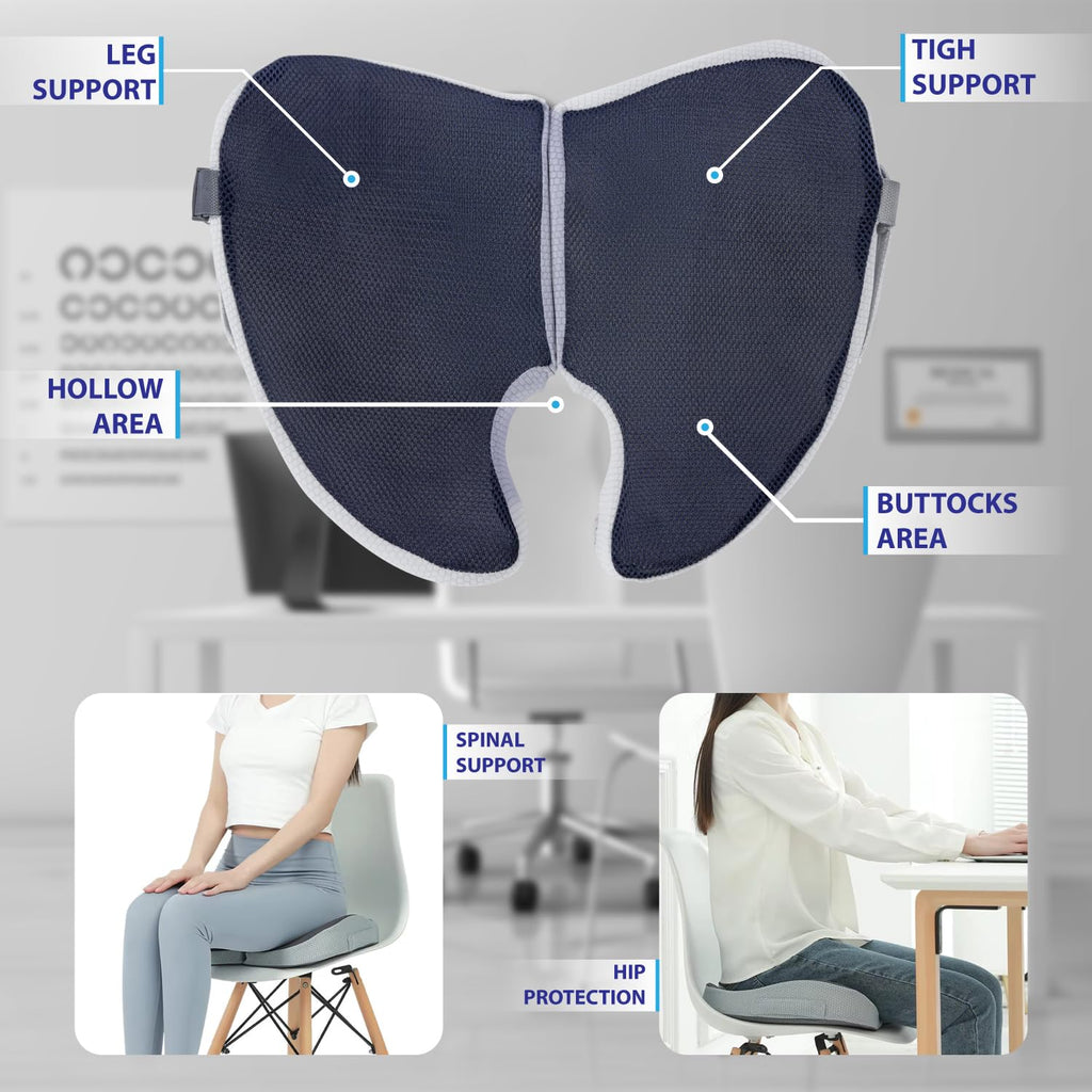 EliteCozy Foldable Non-Slip Orthopedic Hemorrhoid Pain Relief Memory Foam Seat Cushion with Extra Cover -Tailbone, Sciatica, Hip, Back Support Long Sitting Office Chair, Car Seats, Home, Yoga & Travel