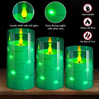 NURADA Flickering Flameless Candles: Built-in Star String Acrylic Battery Operated LED Pillar Candles with Remote and Timer for Home Party Weddings Christmas Halloween Decor -Green 3 Pack