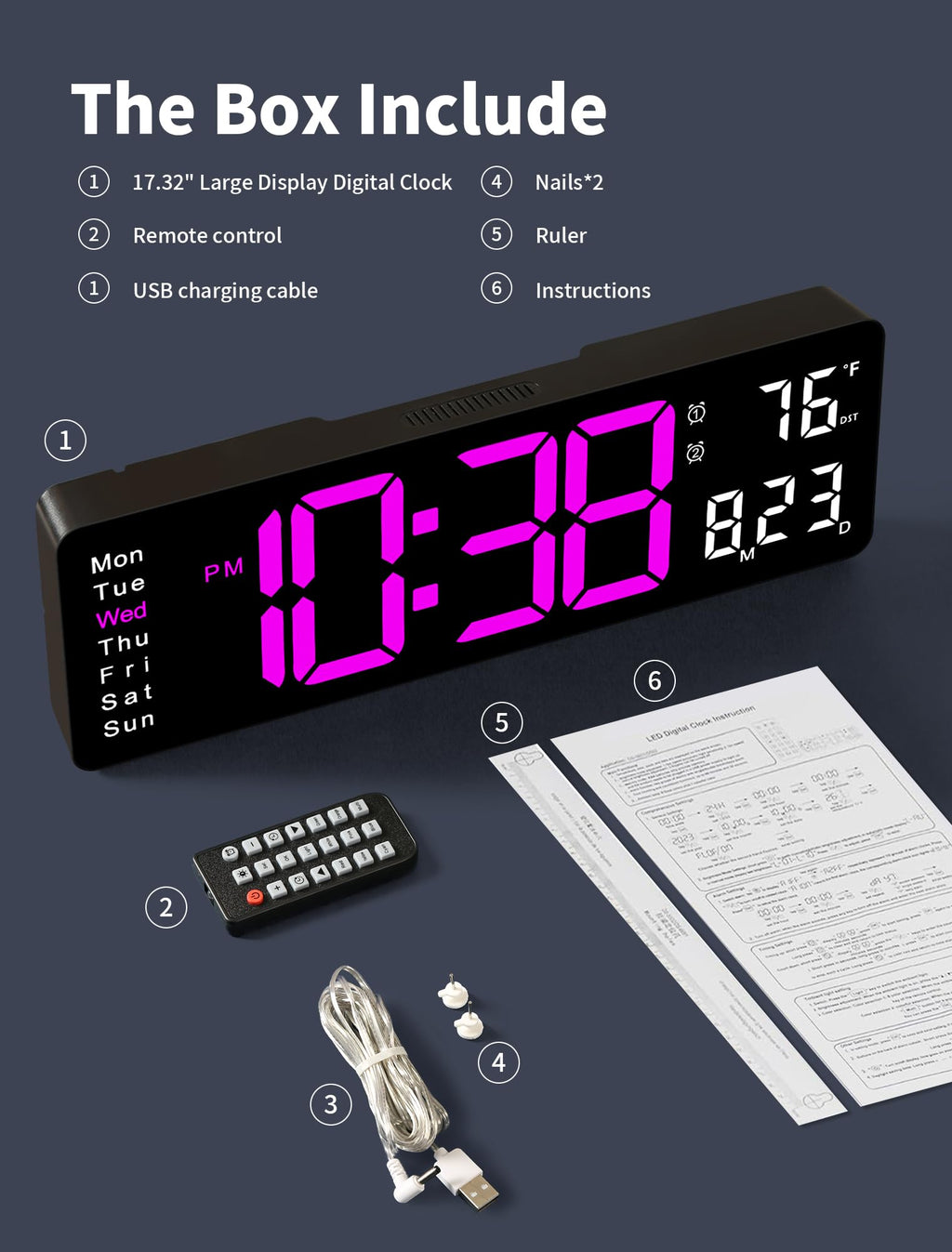 MASHI Digital Wall Clock, 17.3" Large Display Digital Clock with Remote Control, Auto-Dimming Wall Clock with Night Light, DST, Date Week,Temp for Living Room, Bedroom, Decor, Gift for Elderly