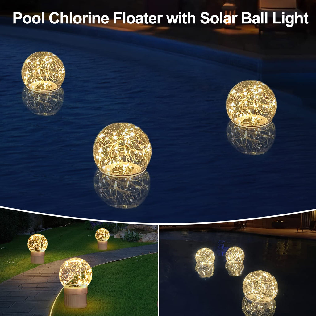 FineBud Pool Chlorine Floater with Solar Ball Lights, Floating Pool Chlorines Dispenser for 4x3” Chlorine Tablets, Easy Opening chlorines Tablet Holder Floater, Anti-Sinking Spa Chemical Dispenser