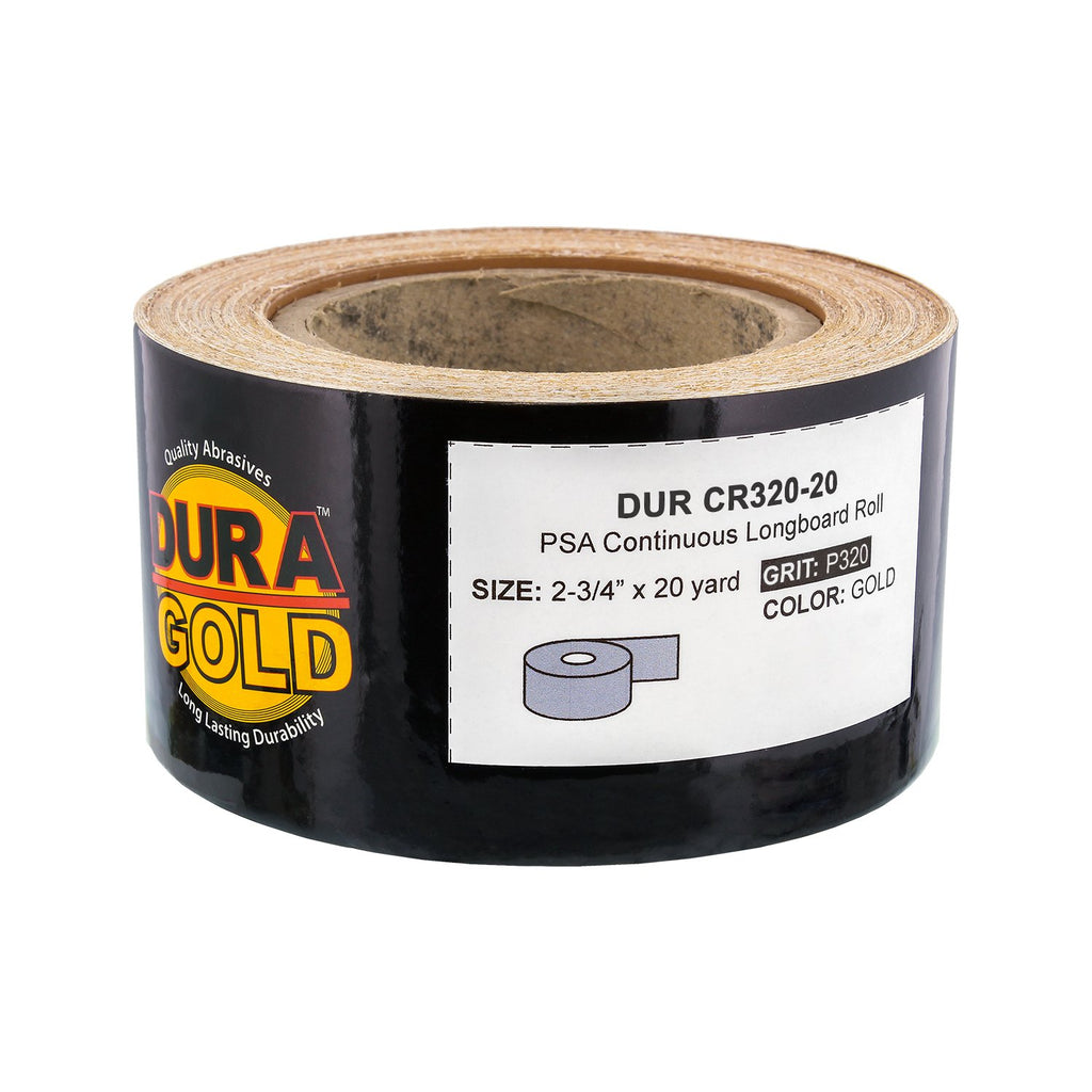 Dura-Gold Premium Gold 320 Grit PSA Longboard Sandpaper, 20 Yard Roll, 2-3/4" Wide, Self Adhesive Stickyback, Woodworking & Automotive Sandpaper Roll, Air File Sand Paper, Auto Sanding Blocks
