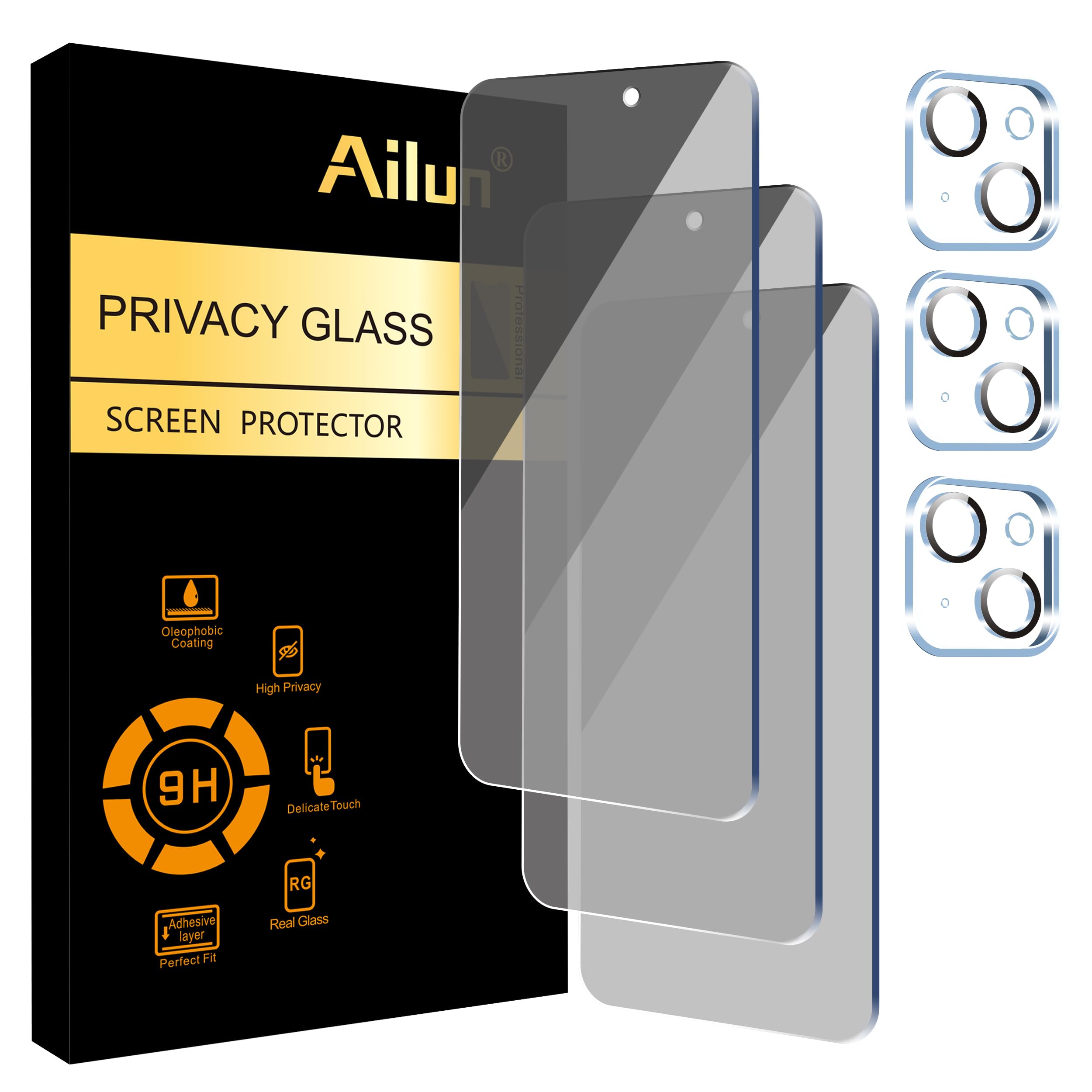 Ailun 3Pack Privacy Screen Protector for iPhone 15 Plus [6.7 inch]+3Pack Camera Lens Protector,Sensor Protection,Dynamic Island Compatible,Anti Spy Private Tempered Glass[9H Hardness][6 Pack]