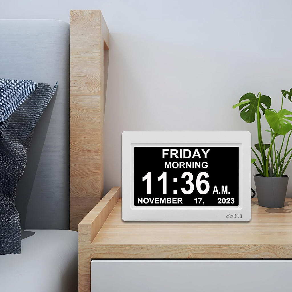 SSYA Digital Calendar Alarm Clock - Dementia Clocks for Vision Impaired, Elderly, Memory Loss Clock with Non-Abbreviated Clock with Date and Day (7 inch)