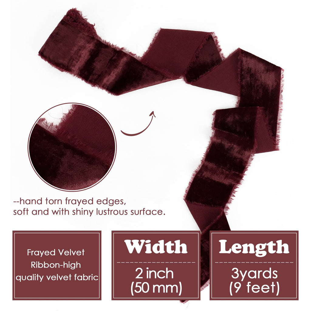 HUIHUANG Burgundy Velvet Ribbon 2 inch Frayed Silk Velvet Fringe Ribbon for Flower Bouquet, Gift Wrapping, Invitations, Holiday Christmas Decor, Wedding Bridal Shower Decor-3 Yards