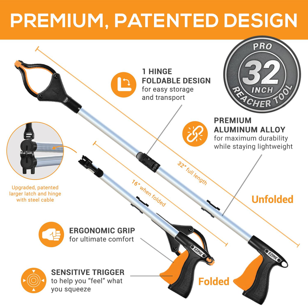 EZPIK 32" Foldable Grabber Reacher Tool for Seniors - Grabbers for Elderly Grab It Reaching Tool Heavy Duty Pickup Trash Picker Upper Tool - Claw Grabber Stick for Reaching Aids, Gripper Weed Grabber