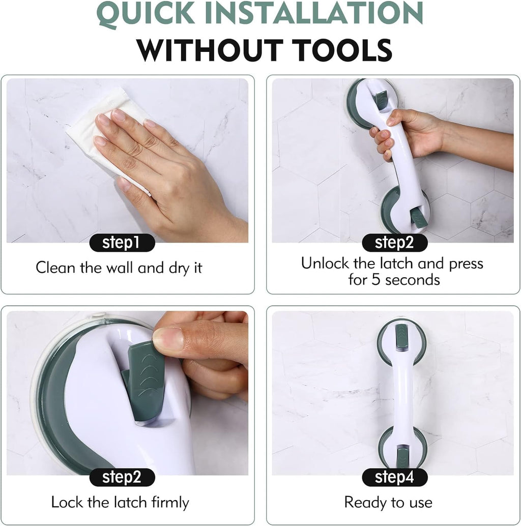 Grab Bars for Bathtubs and Showers, 12 Inch Shower Handle Strong Suction Shower Grab Bar, Bathtub Rails for Seniors, Elderly, Handicap (2 Pack) -Green