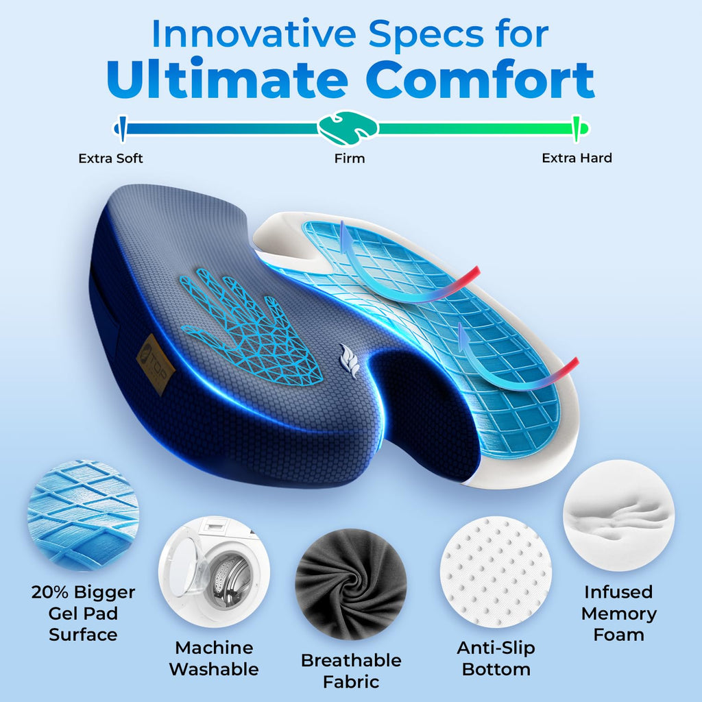 TOP COMFORT Seat Cushion, BodySync™ Technology with Non-Slip Gel & Memory Foam for Tailbone, Sciatica & Back Pain Relief, Office Chair Cushion, Car Seat Cushions for Driving (Dark Grey Blue)