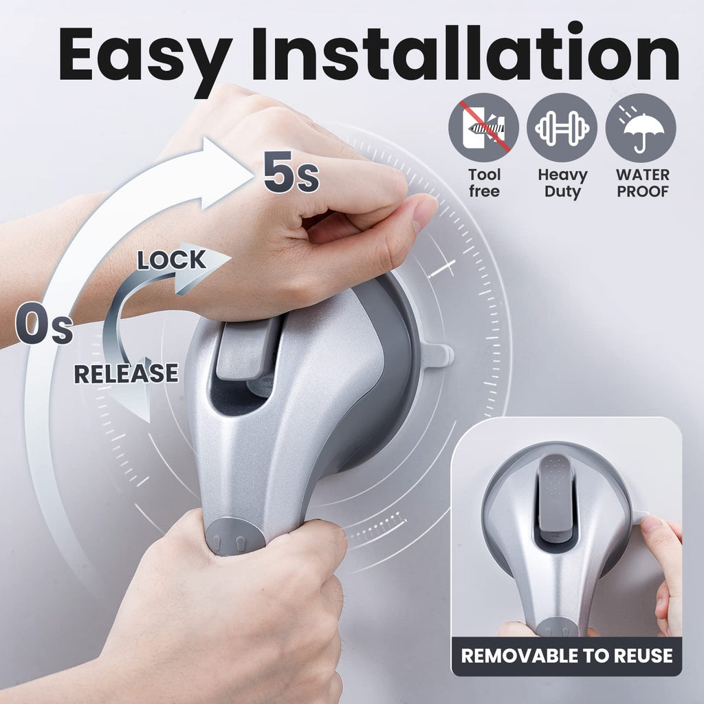 LEVERLOC Shower Grab Bars for Bathtubs and Showers, Easy to Install Suction Shower Handle for Bathroom Removable Safety Grip for Seniors Elderly, Heavy Duty Handrails Waterproof No Drilling, Silver