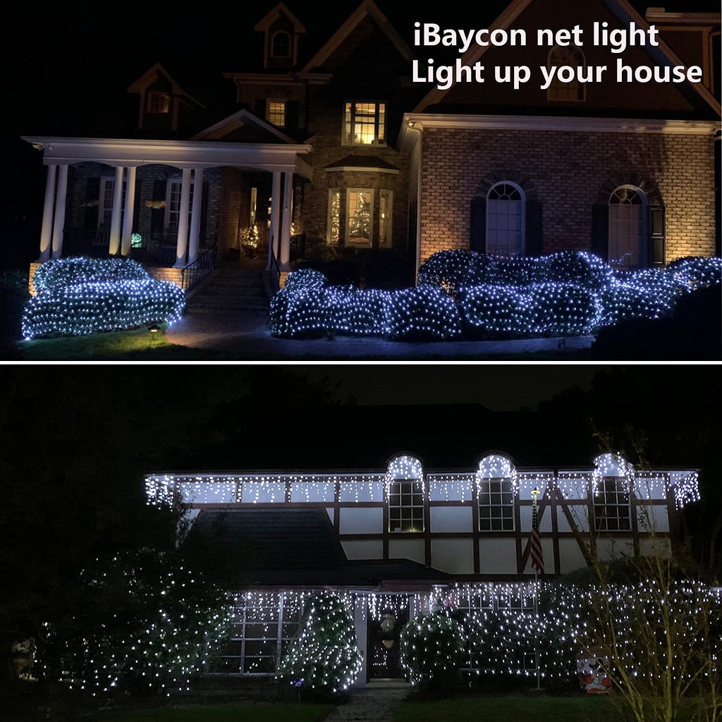 iBaycon Solar Christmas Net Lights, 5ft × 5ft Net Mesh Lights with 8 Modes and Timer,Waterproof Solar Bush Lights for Xmas Trees, Party, Garden, Wedding, Outdoor Decorations (White)