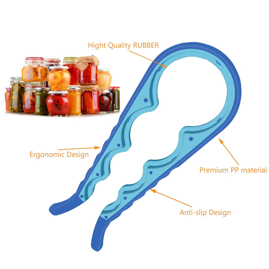 Jar Opener, 5 in 1 Multi Function Can Opener Bottle Opener Kit with Silicone Handle Easy to Use for Children, Elderly and Arthritis Sufferers (Blue)