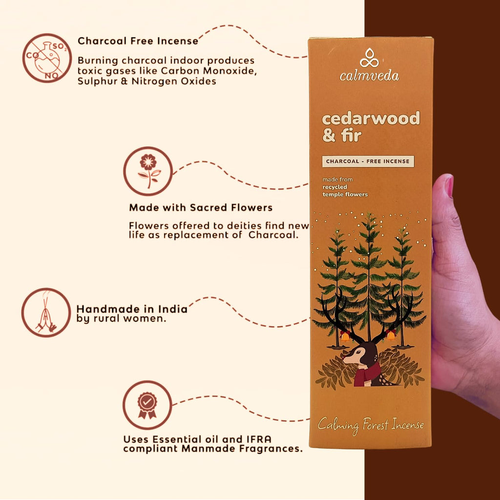 Calmveda Balsam Cedar Incense Sticks - (80 Scented Sticks) Charcoal Free, Made from Upcycled Flowers | Like Freshly Cut Christmas Tree Incense Sticks, Cypress Woodsy & Moss Notes | for Holiday Cheers