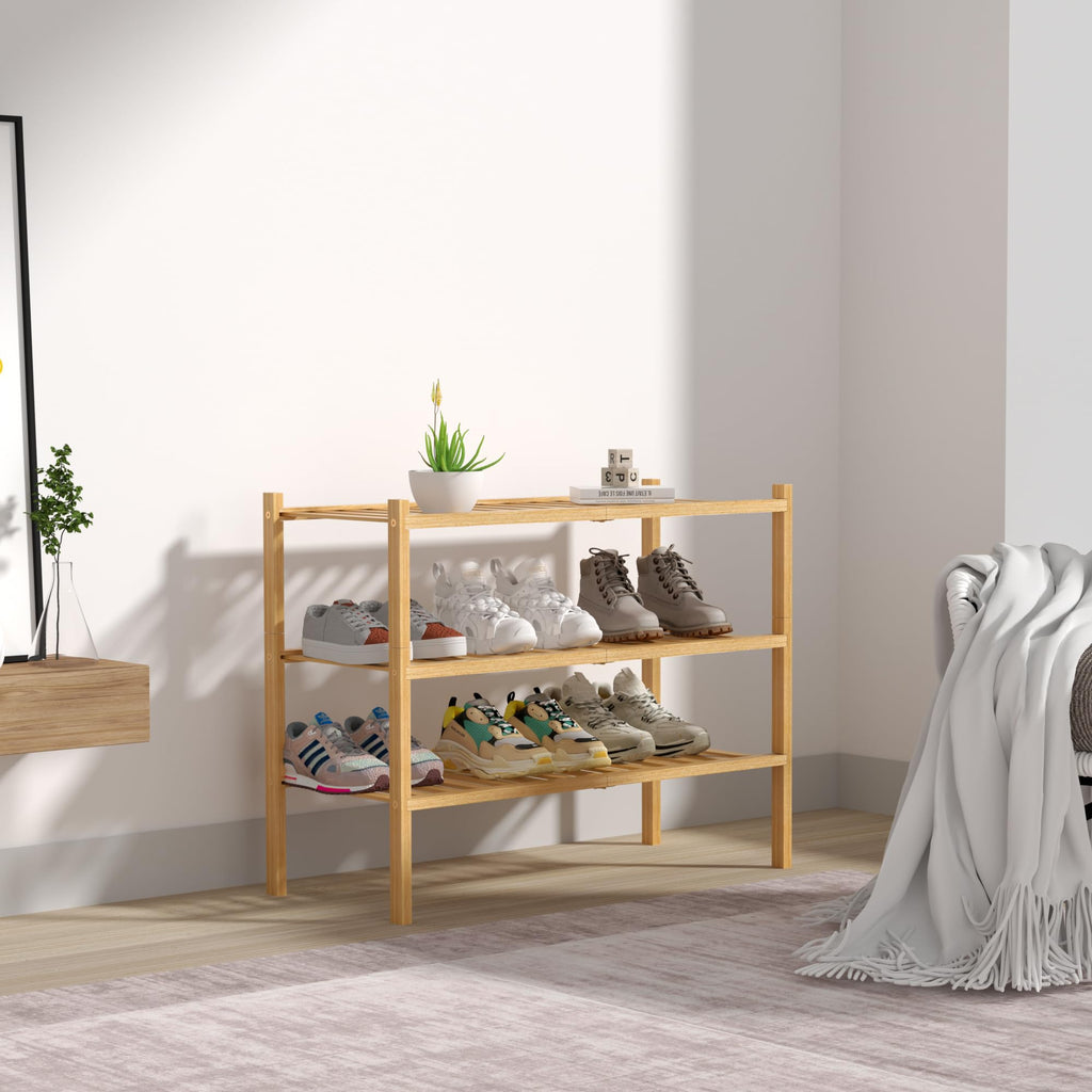 3 Tier Bamboo Shoe Rack for Closet Free Standing Wood Shoe Shelf Storage Organizer for Entryway Small Space Stackable 27"x11"x20" (Natural)