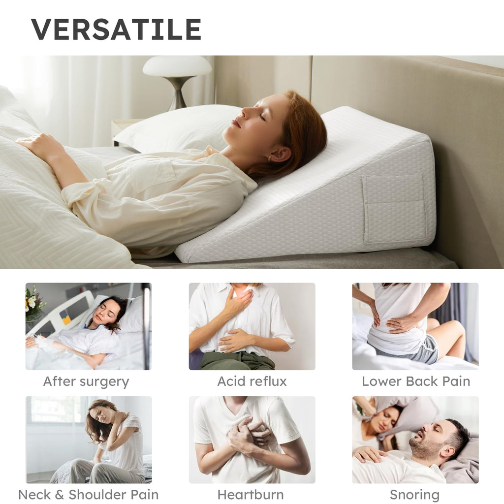 Bedluxe Wedge Pillow for Sleeping, 10 inch Elevated Support Bed Wedge Pillow, Breathable Triangle Pillow Wedge with Cooling Memory Foam Top - Removable Washable Cover, White
