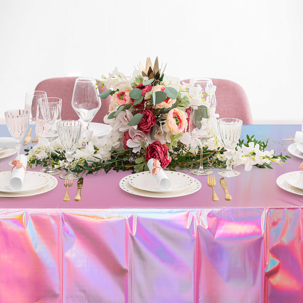 8 Pack Iridescent Pink Plastic Tablecloths, FunnyPars Shiny Disposable Laser Rectangle Table Covers, Holographic Foil Tablecloth Iridescent Party Decorations for Birthday Wedding Christmas, 54x108Inch