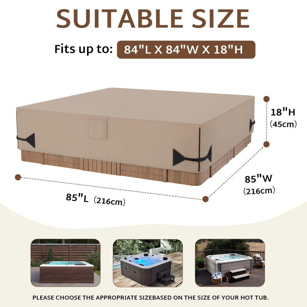 iBirdie Outdoor Waterproof and Weatherproof Hot Tub Cover 85 x 85 inch fit 84 x 84 or 83 x 83 or 82 x 82 or 7 ft x 7 ft Square SPA 600D Heavy Duty Cover Protectors Protective Cap, Brown