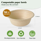 ECOLipak 150 Pack Compostable Bowls, 16 oz Disposable Paper Bowls, Biodegradable Soup Bowls Made of Natural Bagasse, Eco-Friendly Sugarcane Bowls for Salad Wheat Flakes(Nature)