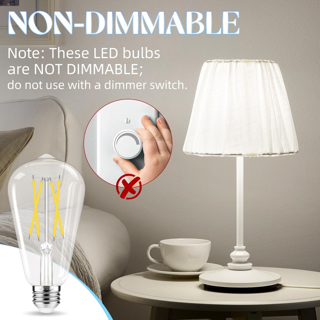 GvvooHome Edison Bulbs, E26 LED Bulb 60 watt Equivalent, Non-Dimmable, 4000K Daylight White, ST58 Vintage Light Bulbs, 90+ CRI, 6W 600LM, E26 Medium Base, Clear Glass, 6 Pack