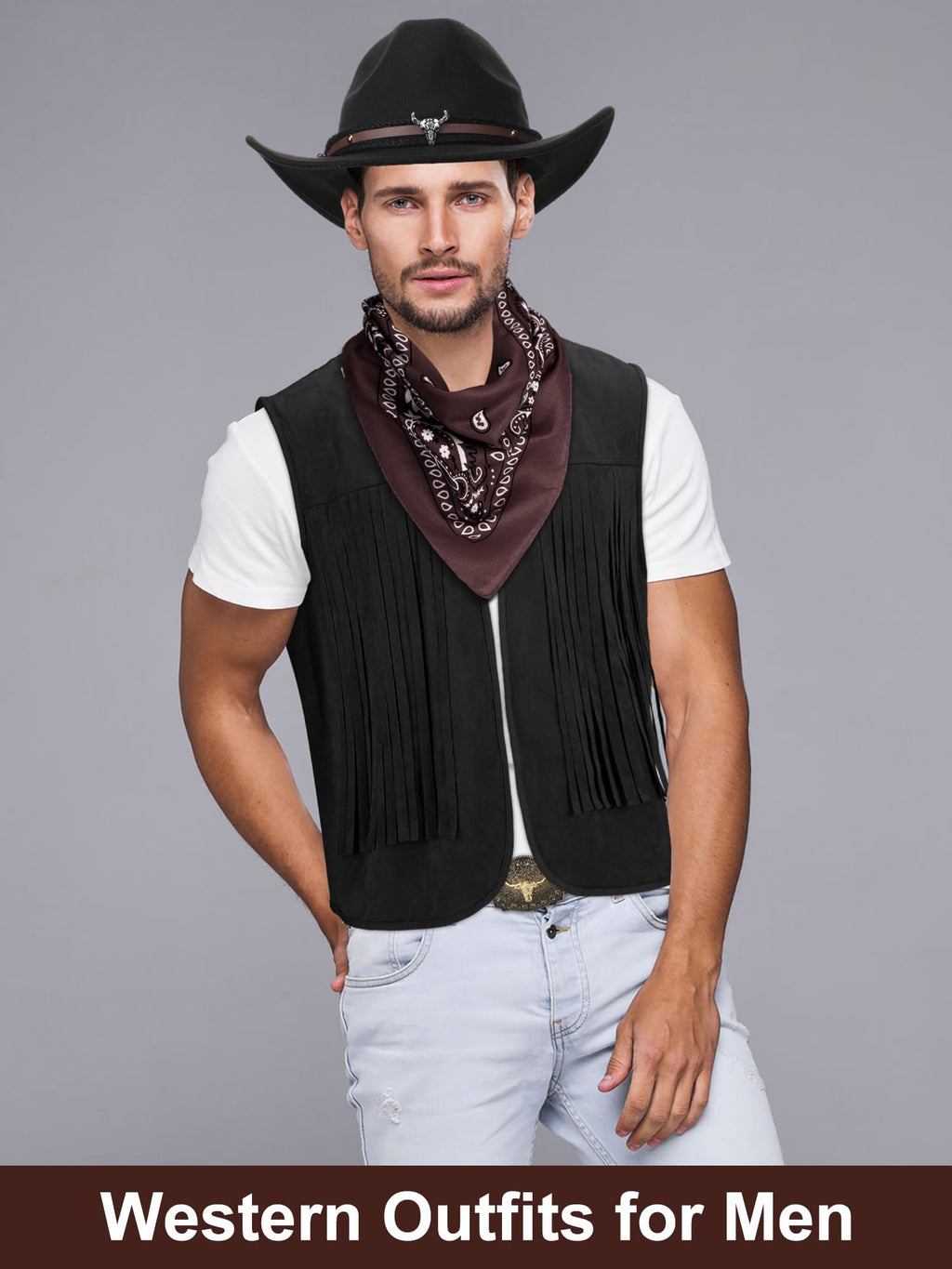 Toulite 4 Pcs Western Outfits for Men Cowboy Tassel Vest Hat Belt Buckle Paisley Bandana for Halloween Cosplay (Black,Black,Coffee,Large)