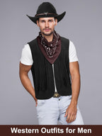 Toulite 4 Pcs Western Outfits for Men Cowboy Tassel Vest Hat Belt Buckle Paisley Bandana for Halloween Cosplay (Black,Black,Coffee,Large)