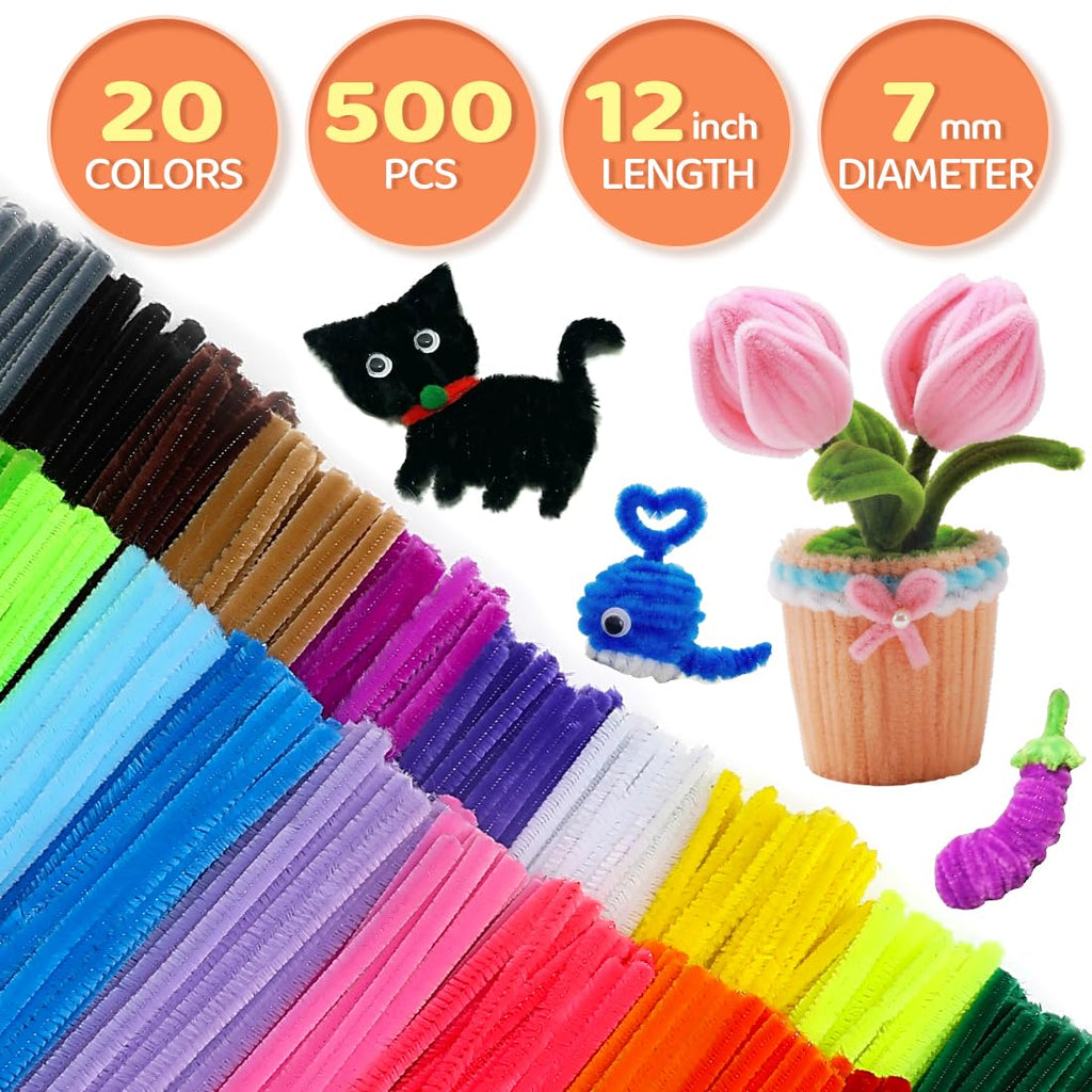 GAGANIU 500pcs Pipe Cleaners, Pipe Cleaners for Crafts, Craft Supplies Multicolor Chenille Stems for Art&Craft Christmas DIY Projects(12inch*6mm,20colors)