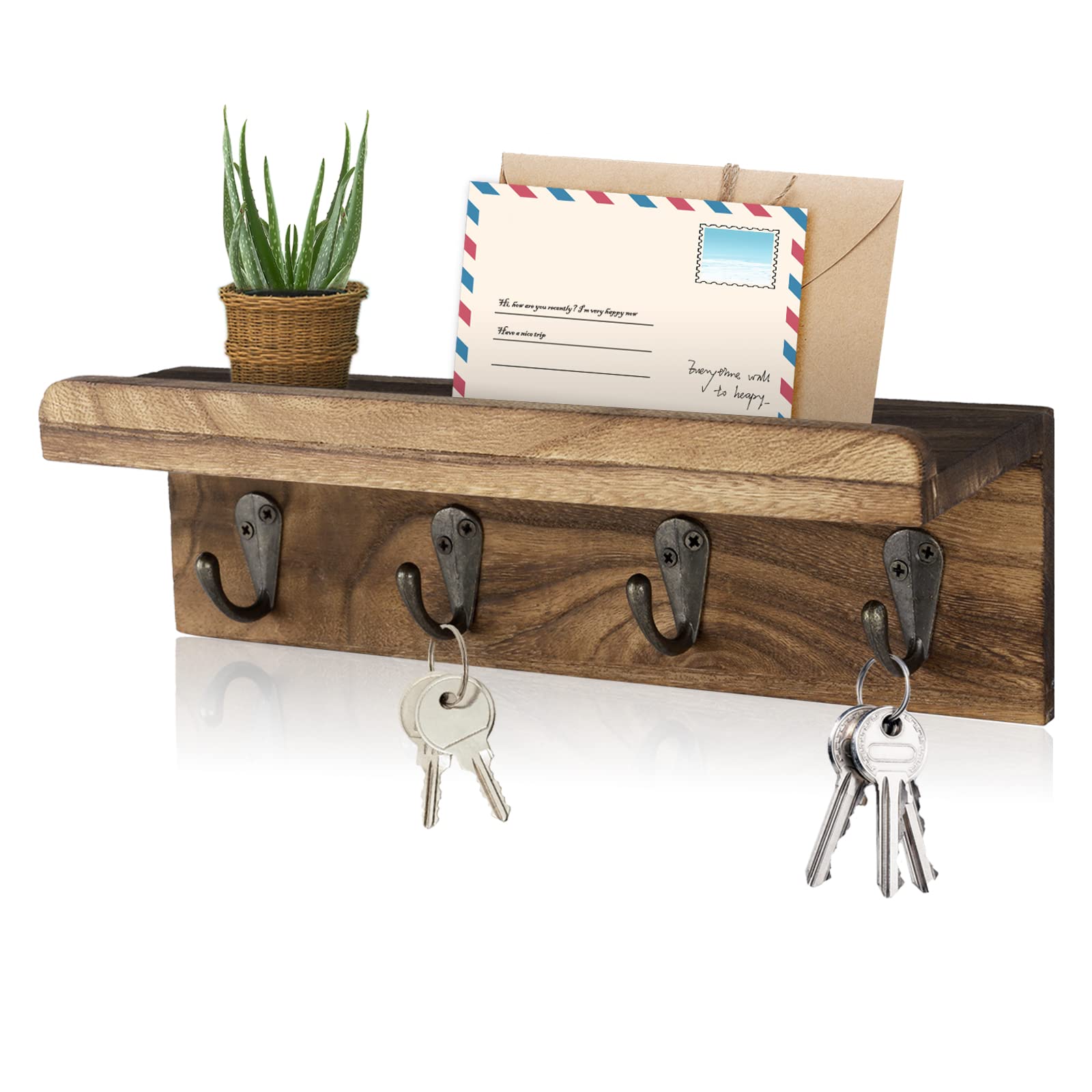 Rustic Key Holder for Wall, Farmhouse Wall Shelf with 4 Hooks, Wall Mounted Key Racks, Wooden Mail Organizer with Hooks for Entryway (Brown)