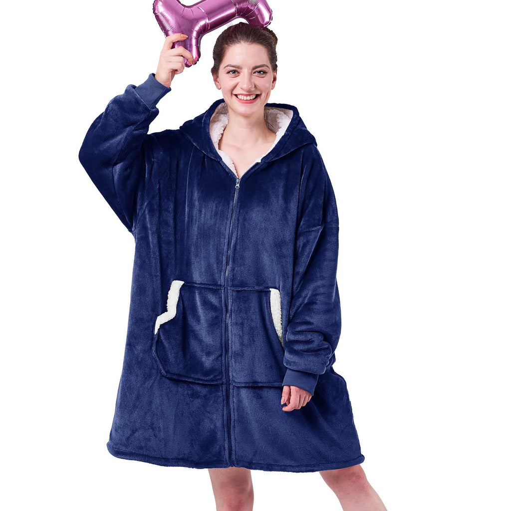 JOYWOO Wearable Blanket Hoodie, Oversized Hooded Blanket for Adult, Birthday Christmas Gifts for Women Men, Cozy Fuzzy Sherpa Sweatshirt Blanket with Giant Pocket and Zipper, Navy Blue