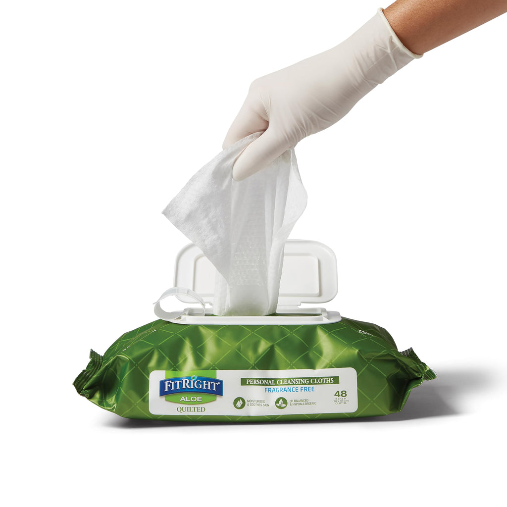 FitRight Aloe Fragrance-Free Quilted Wet Wipes, Soft Pack with Flip Top, 8 x 12 Inches, Pack of 48 Wipes