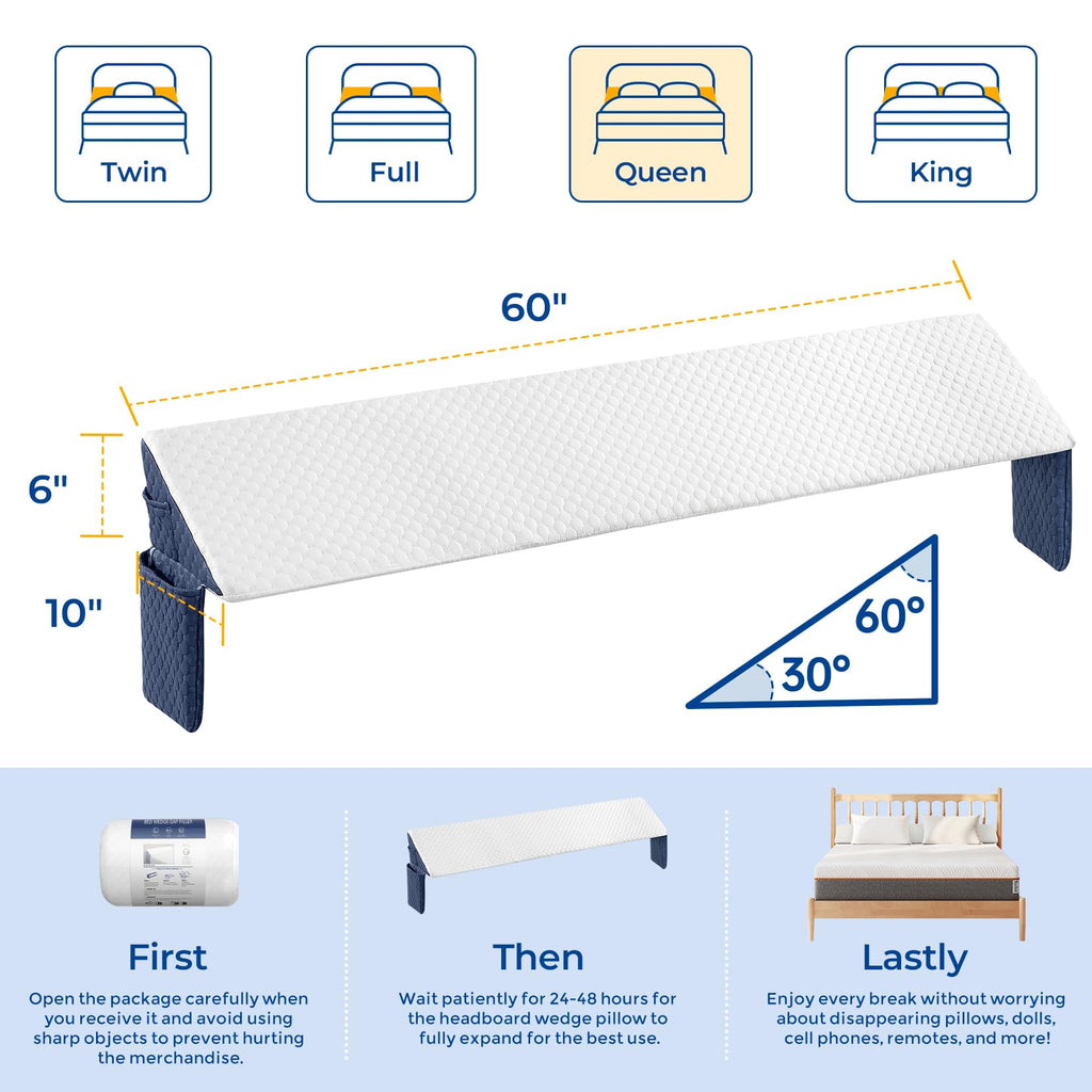 Welzona Queen Size Wedge Pillow Headboard/Bed Wedge Pillow for Headboard, Bed/Mattress Gap Filler (0-6"), Triangle Pillow Wedge for Gap, Comfortable High Density Foam Pillow (60"x 10"x 6")
