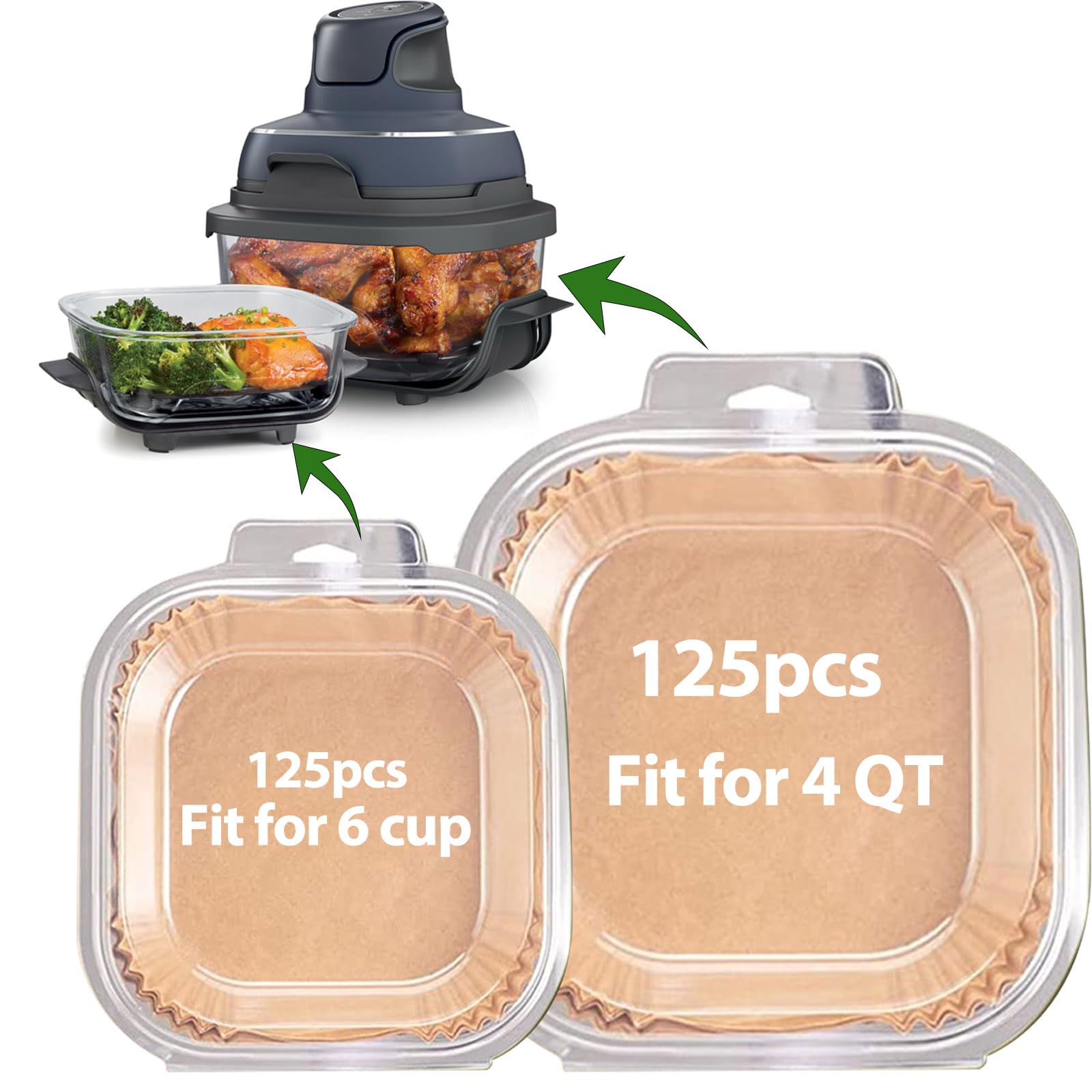 Air Fryer Liners for Ninja Crispi, Disposable 125 + 125 Pcs Ninja Crispi Accessories for Ninja Crispi 4-in-1 Portable Glass Air Fryer Cooking System, Non-Stick Ninja Crispi Liners Disposable