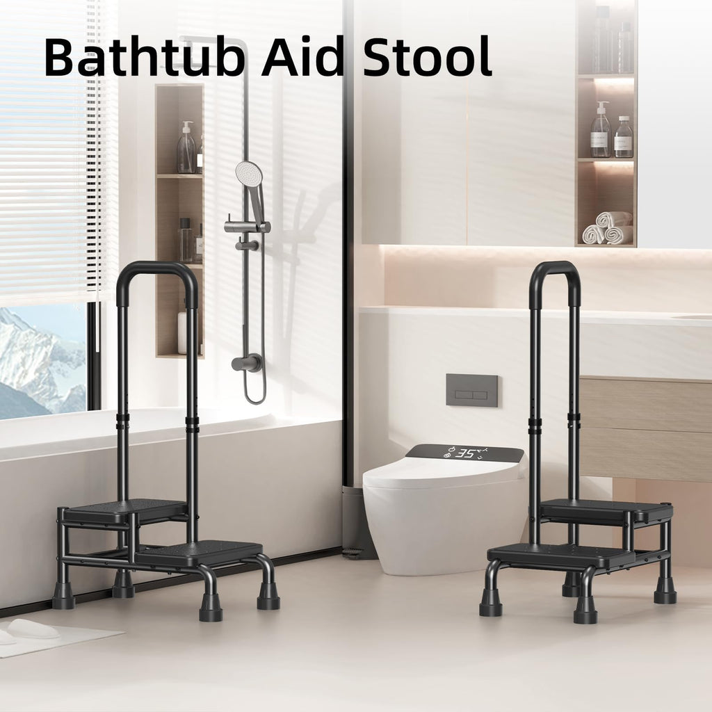 2 Step Stool with Handle for Seniors - Adjustable Handrail &Non-Skid Platform, Heavy Duty 2 Step Stool for Adults, Elderly, Foot Stool for Bedside, Kitchen, Car, Bathtub,Holds up to 440lbs