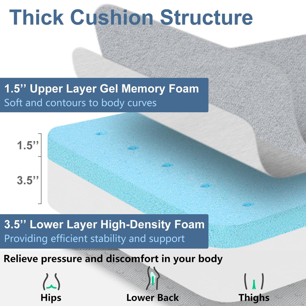 Shinnwa Gel Memory Foam Recliner Cushion for Elderly, Extra Large Seat Cushion, Dual-Layer Foam Chair Pad for Couch, Armchair, Wicker Chairs, Floor, 20 × 20 × 5in, Light Gray