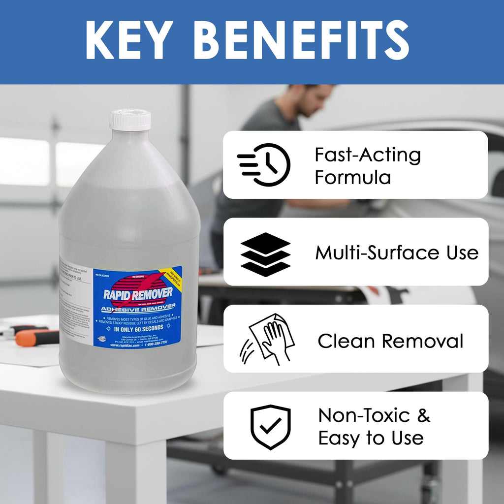 Rapid Tac Rapid Remover Adhesive Remover 128 oz (1 Gallon) | Removes Most Adhesives in 30–60 Seconds | Safe Water-Soluble Formula | Cold Weather Ready | for Vinyl Wraps, Graphics, Decals, and Stripes