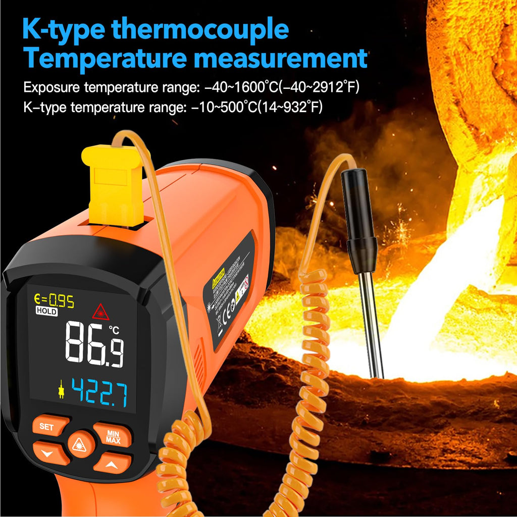 MESTEK Infrared Thermometer Temperature Gun, -40℉~2912℉, High Temp Infrared Thermometer with Color LCD, Non-Contact Pyrometer 50:1 Laser Thermometer Gun for Industrial HVAC Forge Metal Smelting